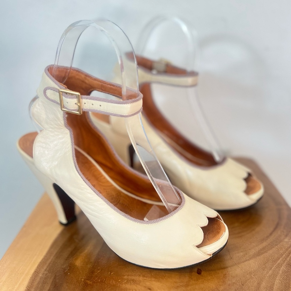 CHIE MIHARA “Bessy” Ivory Cream Platform Ankle Strap Peep Toe High Heels 38.5 - Picture 3 of 16